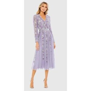 Mac Duggal Lilac Sz 24 Long Sleeve Embroidered Wrap Midi Dress